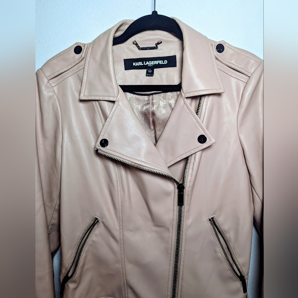 Karl Lagerfeld Paris Faux Leather Moto Jacket Women's Size M Pale Pink Lined